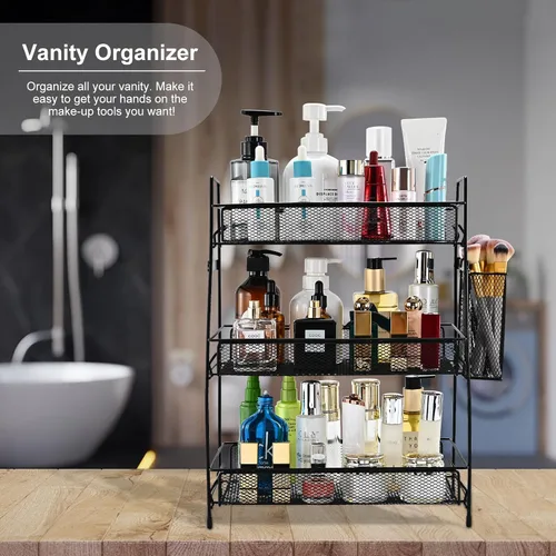 Miniatura 5 de LEMIKKLE Organizador de Contramesa de 3 Niveles en Negro con Cesta