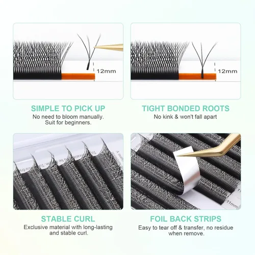 Miniatura 4 de NAGARAKU WW Extensiones de pestañas postizas, suministros de pestañas dobles W, abanico prefabricado 6D, volumen ruso, visón falso negro mate, 12