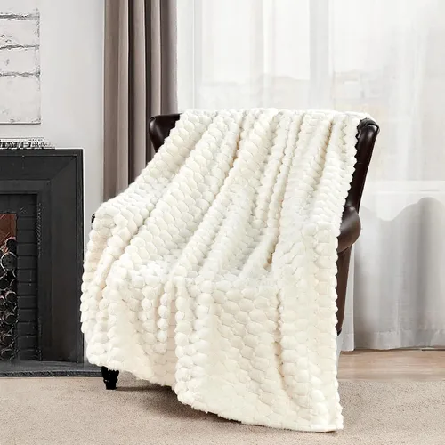 Miniatura 11 de Manta blanca de piel sintética gruesa de lujo, 750 GSM, manta mullida de felpa suave y cálida de 50 x 60 pulgadas, manta reversible de doble capa