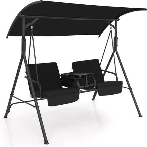 Happygrill Columpio de porche para 2 personas, columpio de patio al aire libre con mesa de almacenamiento, bolsa enfriadora de 6 galones, 2 Negro
