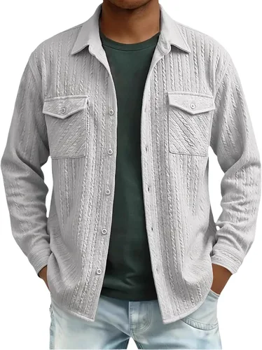 Miniatura 25 de Camisas con botones para hombre, casual, de manga larga, con cuello jacquard, texturizada, ligera, sobrecamisa, sobrecamisa