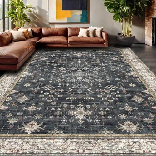 Miniatura 9 de Alfombra Boho Negra para Sala de Estar - Alfombra de Área Lavable de 10x14 Pies, Alfombras de Comedor para Debajo de la Mesa, Alfombra Suave de Pelo