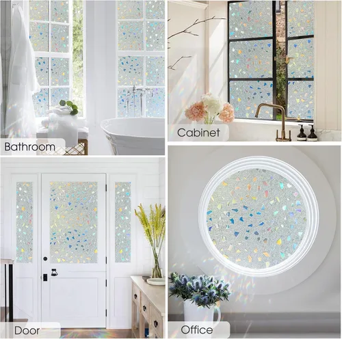 Miniatura 8 de Coavas Película de privacidad para ventana de vidrieras 3D arco iris, control de calor, bloqueo UV, no adhesivo, película de vinilo extraíble, tinte