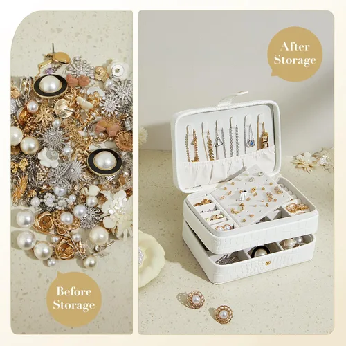 Miniatura 2 de Joyero pequeño de piel sintética para mujeres y niñas, estuche de joyería portátil de viaje de doble capa para anillo, colgante, aretes, collar