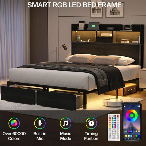 Miniatura 6 de Marco de Cama Tamaño Completo con Cabecero Alto y Luces LED, Librero de 51.2" Marco de Cama Negro Tamaño Completo con Cajones de Almacenamiento
