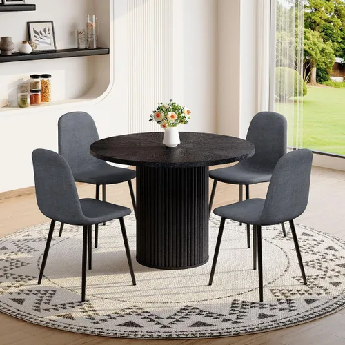 Miniatura 14 de Mesa de comedor redonda para 4-6, mesa de comedor negra con tablero de madera de 42'' y base de pedestal cilíndrico, mesa de cena redonda