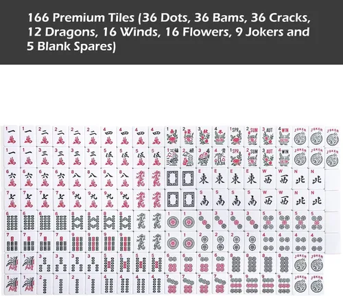 Miniatura 9 de Juego de Mahjong Americano GUSTARIA, 166 Azulejos Blancos Premium, 4 Estantes/Empujadores de Color Todo-en-Uno, Juego de Mahjong Completo con Bolsa