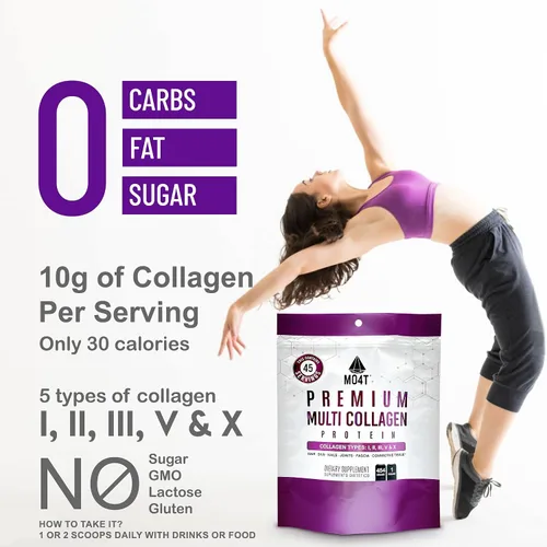Miniatura 5 de MO4T - Polvo hidrolizado de colágeno múltiple - Proteína de colágeno, péptidos de colágeno tipo 1,2,3,5,10, sin azúcar, (1 libra) cabello, piel