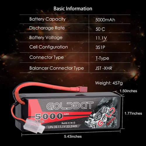 Miniatura 2 de GOLDBAT 11.1V 5000mAh 3S 50C LiPo RC Batería Hard Case Pack con T Conector para Emaxx Axial RC Coche Camión Buggy Vehículo