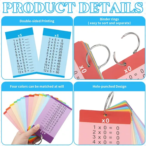 Miniatura 3 de Geyee 52 tarjetas de multiplicación para niños de 1er a 3er grado con 4 marcadores de borrado en seco y juego de 4 anillos, tarjetas de matemáticas