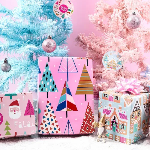 Miniatura 5 de WRAPAHOLIC Hoja de papel de regalo de Navidad, 12 hojas de diseño de árbol de Navidad rosa y casa, plegada plana con 12 etiquetas de regalo
