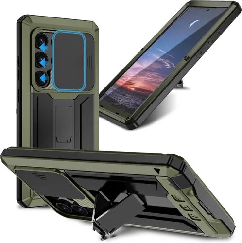 Miniatura 12 de Funda de metal compatible con Samsung Galaxy S22, resistente al polvo, de grado militar, con cubierta deslizante para cámara y soporte plegable