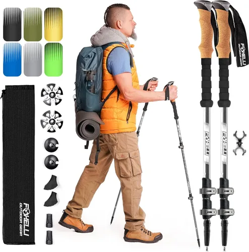 Foxelli Bastones de trekking – Bastones de trekking plegables ligeros para hombres y mujeres, equilibrio perfecto y apoyo para personas mayores Gris
