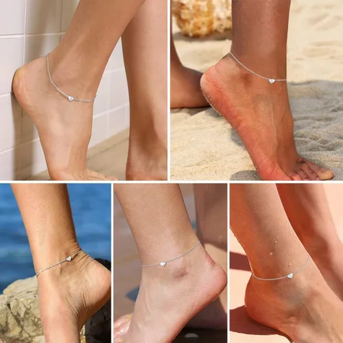 Miniatura 8 de ChicSilver Tobilleras de plata de ley 925 con iniciales para mujer, delicada pulsera de tobillo de corazón de playa, joyería de pie ajustable