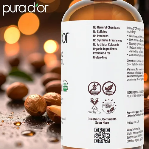 Miniatura 3 de PURA D'OR Aceite de jojoba orgánico de 16.9 onzas (botella de vidrio) certificado por USDA, hidratante 100% puro y natural, prensado en frío, sin