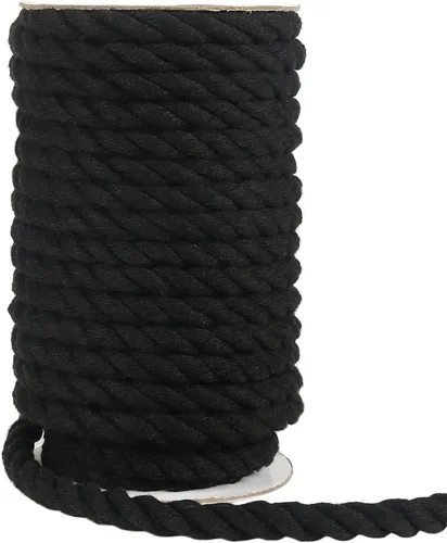 Tenn Well Cordón de macramé negro de 0.394 pulgadas, 50 pies, cuerda de algodón gruesa torcida de 3 capas para manualidades, colgar en la pared,