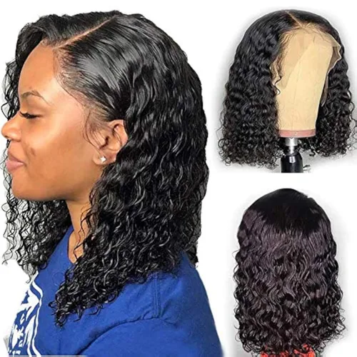 Miniatura 14 de Pelucas de cabello humano rizado rizado de 13 x 4 pulgadas con encaje frontal de oreja a oreja para mujeres, 1B, 8 pulgadas, corto, sin pegamento
