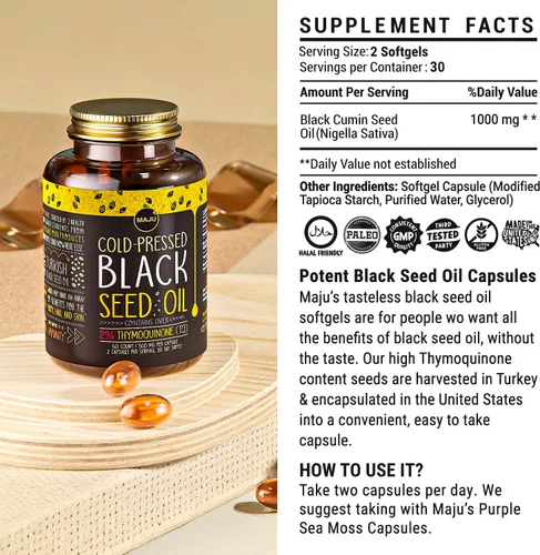 Miniatura 7 de Maju Superfoods Cápsulas de aceite de semilla negra, prensado en frío, 2% timoquinona, 100% aceite de semilla de comino negro turco, Nigella sativa