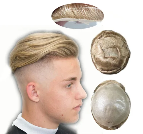 HAIR NATURE Extensiones de pelo para hombre, tupé para hombres, sistema de reemplazo de cabello rubio, piel ultra fina de 0.001 in, unidad # 22R