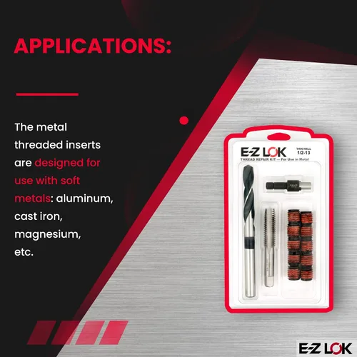 Miniatura 5 de E-Z LOK EZ-310-8 Kit de reparación de roscas para insertos roscados de acero al carbono metálico 1/2-13 y herramientas de instalación, negro