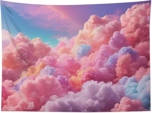 Miniatura 5 de LB Tapiz de nube rosa para colgar en la pared, cielo azul y fantasía, nube pastel, paisaje natural, tapiz de pared para dormitorio, arte de pared