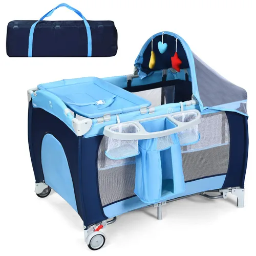 HONEY JOY Empaca y juega con moisés, 4 en 1 portátil para bebé con cambiador, red y juguetes lindos, bolsa de almacenamiento de pañales, caja de Azul