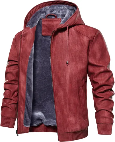 Miniatura 6 de Fanarcher Chaqueta de hombre de piel sintética con forro polar acolchada tipo bomber para motocicleta con capucha