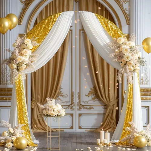 Miniatura 7 de Tela para Cubrir Arco de Boda, 1 Panel de 28" x 19 pies de Tela de Gasa Blanca y 1 Panel de 16" x 19 pies de Tela de Gasa con Lentejuelas Dorada
