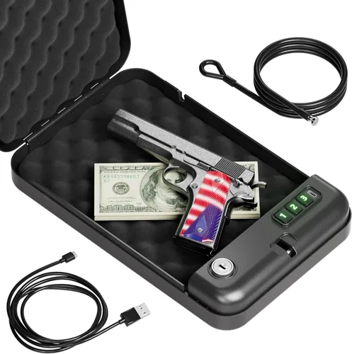 Grimtron Cajas fuertes portátiles para pistolas: caja de seguridad electrónica y acceso con llave, modo silencioso, caja fuerte compacta para