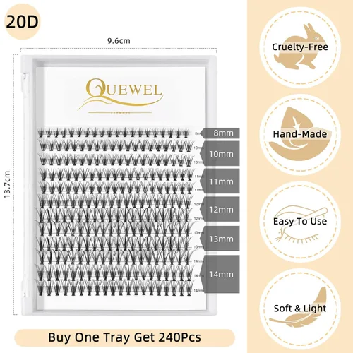 Miniatura 3 de QUEWEL Lash Clusters 240 pestañas individuales 20D 0.07C, mezcla de rizos 8-14mm, pestañas postizas suaves y cómodas, extensión de pestañas DIY