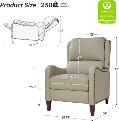 Miniatura 2 de HULALA HOME Silla Reclinable de Cuero Genuino, Sillón Reclinable Moderno de Empuje hacia Atrás con Asiento Grueso, Respaldo y Reposapiés, Decoración