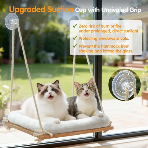 Miniatura 3 de Percha para ventana de gato, hamaca para ventana para gatos con asiento de madera maciza, 4 ventosas resistentes, cojín de felpa, cama