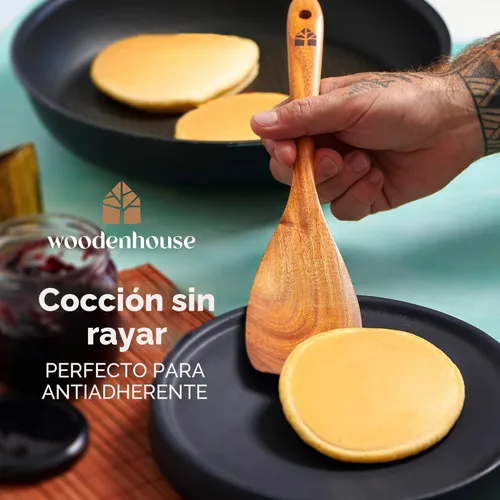 Miniatura 5 de Woodenhouse - Cucharas de madera para cocinar, juego de utensilios de cocina de madera con soporte, soporte para cuchara y ganchos, utensilios