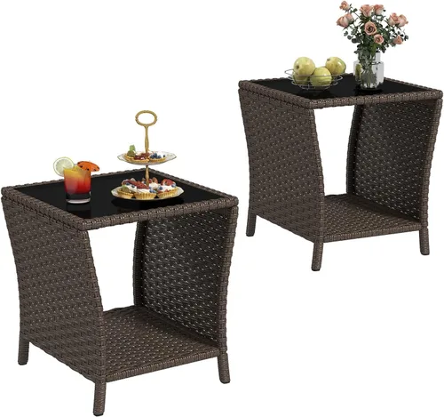 Miniatura 11 de kinbor Mesa pequeña para exteriores – Mesa auxiliar de mimbre para exteriores con estante de almacenamiento para patio, balcón y porche, ratán