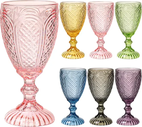 Juego de 6 copas de vino vintage de colores de 10.5 onzas, copas de agua de vidrio de colores, vasos para beber para el día de la madre, boda,