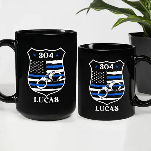 Miniatura 6 de Taza de café personalizada con nombre de la policía con nombre de la policía, con línea azul fina, 11 onzas y 15 onzas Taza negra de la bandera