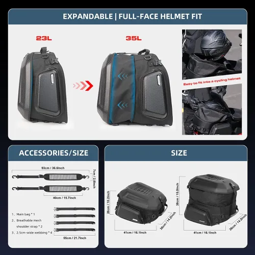 Miniatura 2 de Rhinowalk Bolsa Trasera para Motocicleta, Expandible de Cáscara Dura, Equipaje de Viaje de 12-18 L, Resistente al Agua, para Todo Tipo