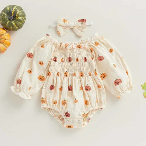 Miniatura 6 de Ropa de Halloween para bebé niña, lindo mameluco de calabaza de algodón y lino de manga larga, overol de otoño