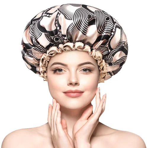 Miniatura 8 de mikimini Gorro de ducha grande para mujer, de pelo largo, champán, con encaje, doble capa, impermeable, reutilizable, lavable, de alta calidad