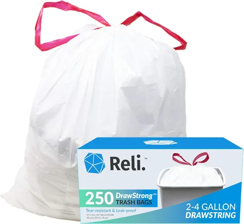 Reli. Bolsas de basura con cordón de 2 a 4 galones, 250 unidades, 18 x 20 pulgadas, bolsas de basura pequeñas de 4 galones, asas con cordón, forros