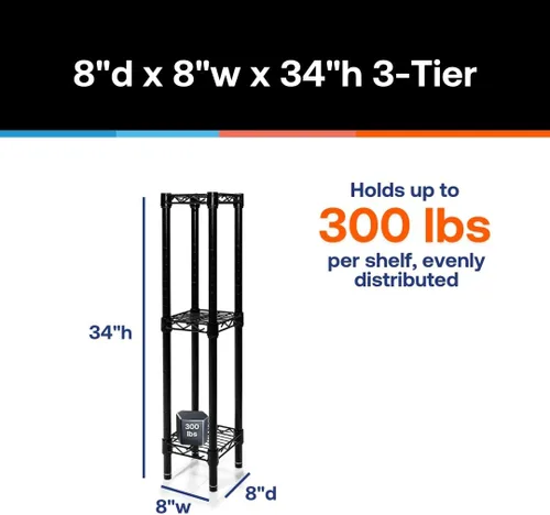 Miniatura 2 de Shelving Inc. Estantería de alambre negro de 8 pulgadas de profundidad x 8 pulgadas de ancho x 34 pulgadas de alto con estantes de 3 niveles