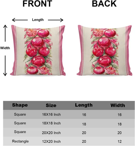 Miniatura 6 de Paquete de 2 fundas de almohada de algodón, diseño de bolas rosas de Feliz Navidad, cuadradas, suaves, decorativas, para sala de estar, dormitorio