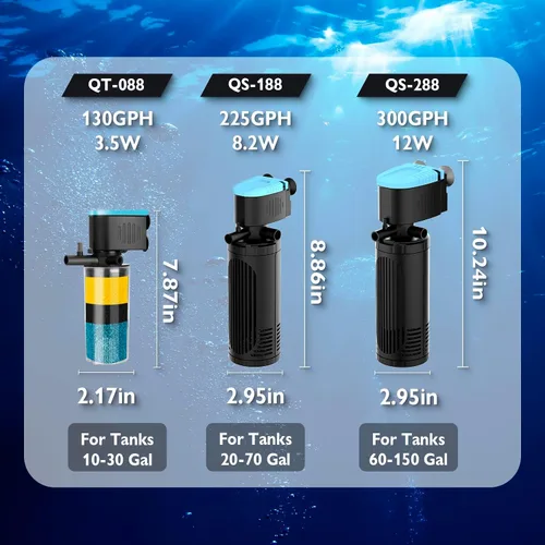 Miniatura 7 de AquaMiracle Filtro sumergible para acuario de 3 etapas en tanque con doble salida de agua y aireación, flujo de agua ajustable 225 GPH filtro