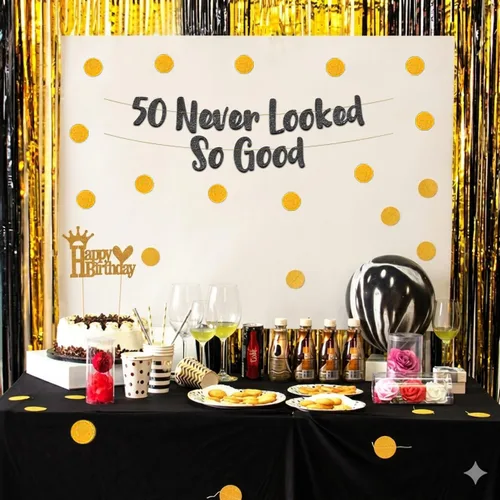 Miniatura 6 de Cartel negro con purpurina preencordada de 50 «Never Looked So Good» – Decoraciones de 50 cumpleaños y aniversario para hombres y mujeres