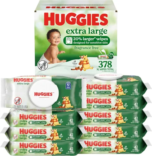Huggies - Toallitas para bebés extra grandes, sin perfume, 9 paquetes abatibles, 378 toallitas XL en total, el embalaje puede variar