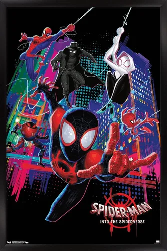 Trends International Marvel Spider-Man - Póster de pared con texto en inglés "Into The Spider-Verse", 14.725 x 22.375 pulgadas, versión enmarcada en