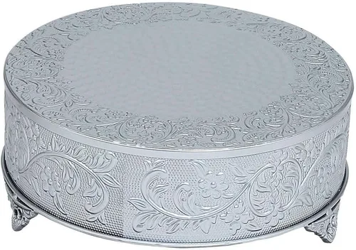 Miniatura 6 de Efavormart Juego de 14 pulgadas de plata redonda con relieve en metal para pasteles, elevador para pasteles, pedestal para postres, plato de Plateado