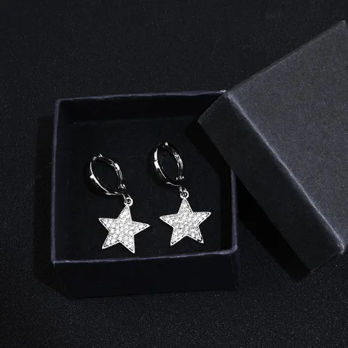 Miniatura 7 de Aretes colgantes de aro con diamantes de imitación de estrella de plata de ley 925/oro para mujeres