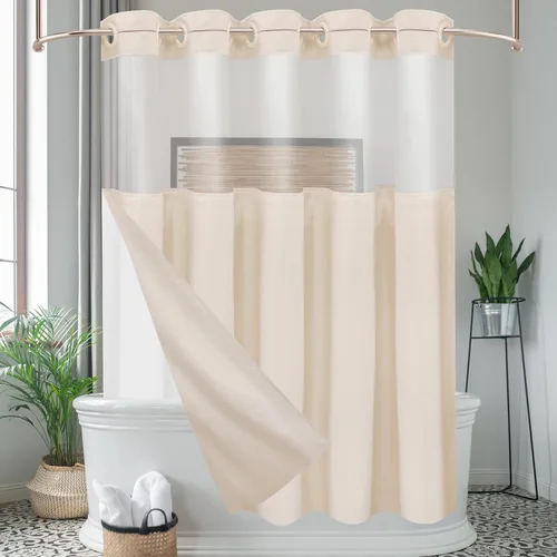 Ga-Geetopia Cortina de ducha de lino sin gancho con forro a presión, cortina de ducha beige de estilo de lujo de hotel con ventana superior