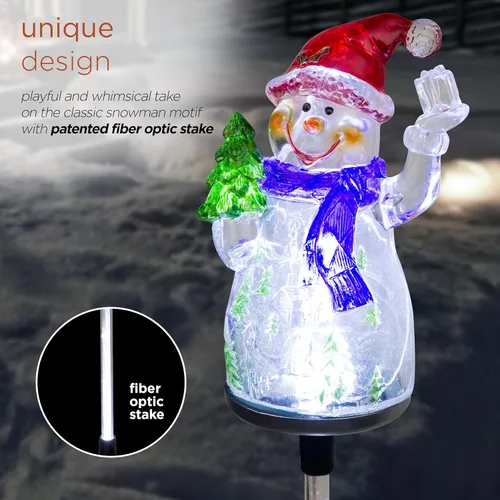 Miniatura 5 de Alpine Corporation Juego de 2 estacas solares de jardín de muñeco de nieve de 34 pulgadas de alto con luces LED de fibra óptica blanca, juego de 2